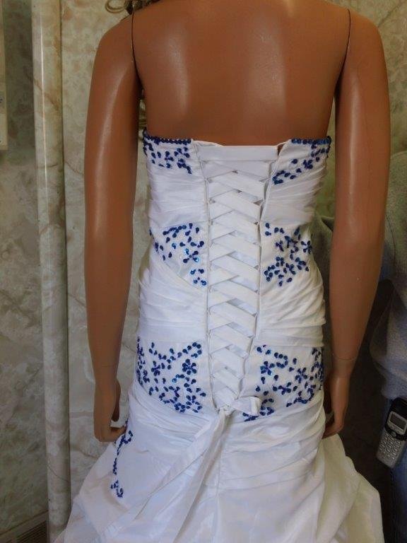 white and blue strapless pickup wedding gown